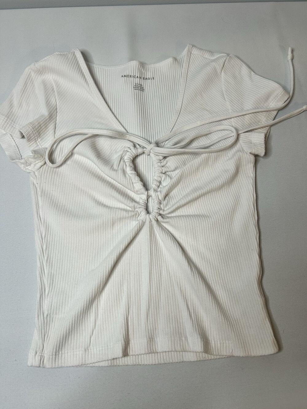 American Eagle White Ribbed Tie Front Crop Top Ruched Stretch Short Sleeve S